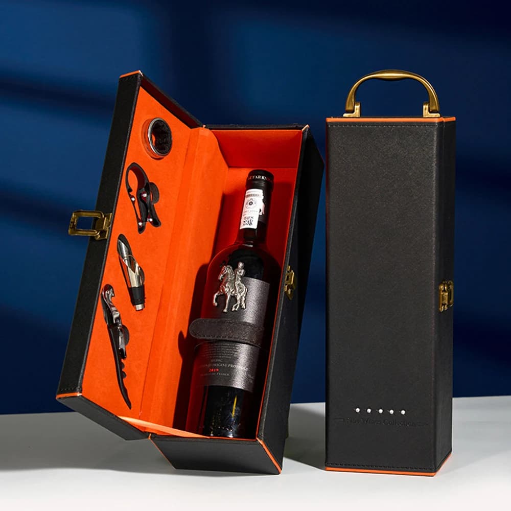 „Zestaw Prezentowy z Jedną Butelką Wina i Akcesoriami – Przenośne Etui z Uchwytem, Narzędzia do Wina, Idealny na Przyjęcia i Do Domu”
