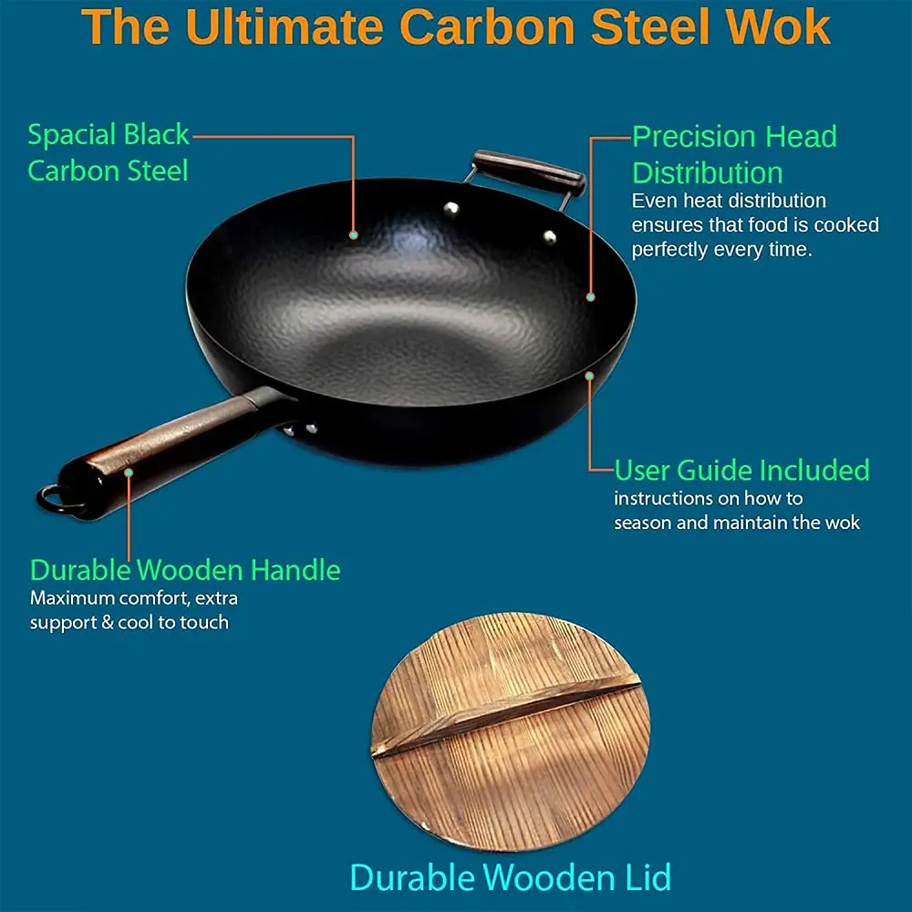 Wok z drewnianą pokrywką – patelnia wok z wysokowęglowej stali węglowej, bez powłoki chemicznej, do smażenia stir-fry, kompatybilna z kuchenkami indukcyjnymi, elektrycznymi i gazowymi