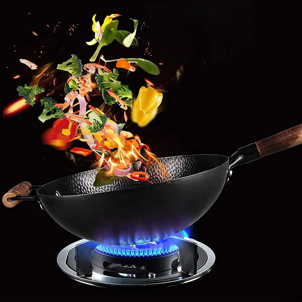 Wok z drewnianą pokrywką – patelnia wok z wysokowęglowej stali węglowej, bez powłoki chemicznej, do smażenia stir-fry, kompatybilna z kuchenkami indukcyjnymi, elektrycznymi i gazowymi