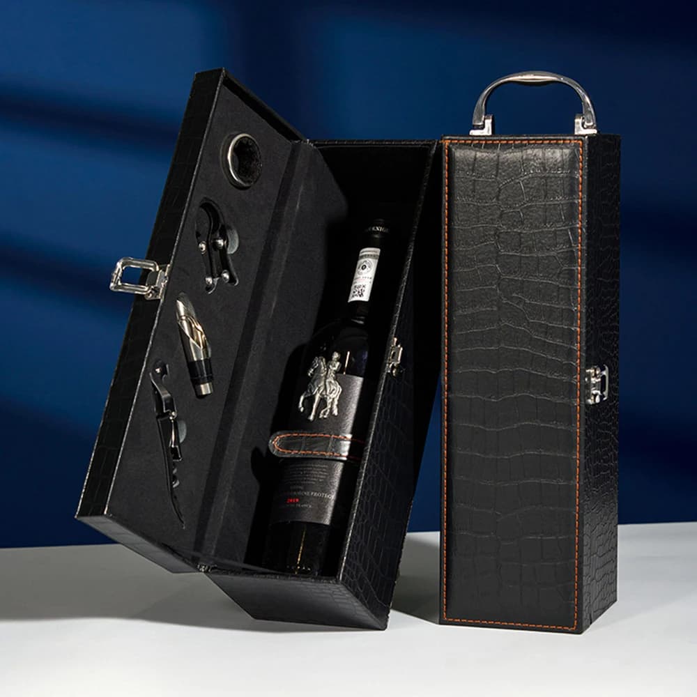 „Zestaw Prezentowy z Jedną Butelką Wina i Akcesoriami – Przenośne Etui z Uchwytem, Narzędzia do Wina, Idealny na Przyjęcia i Do Domu”