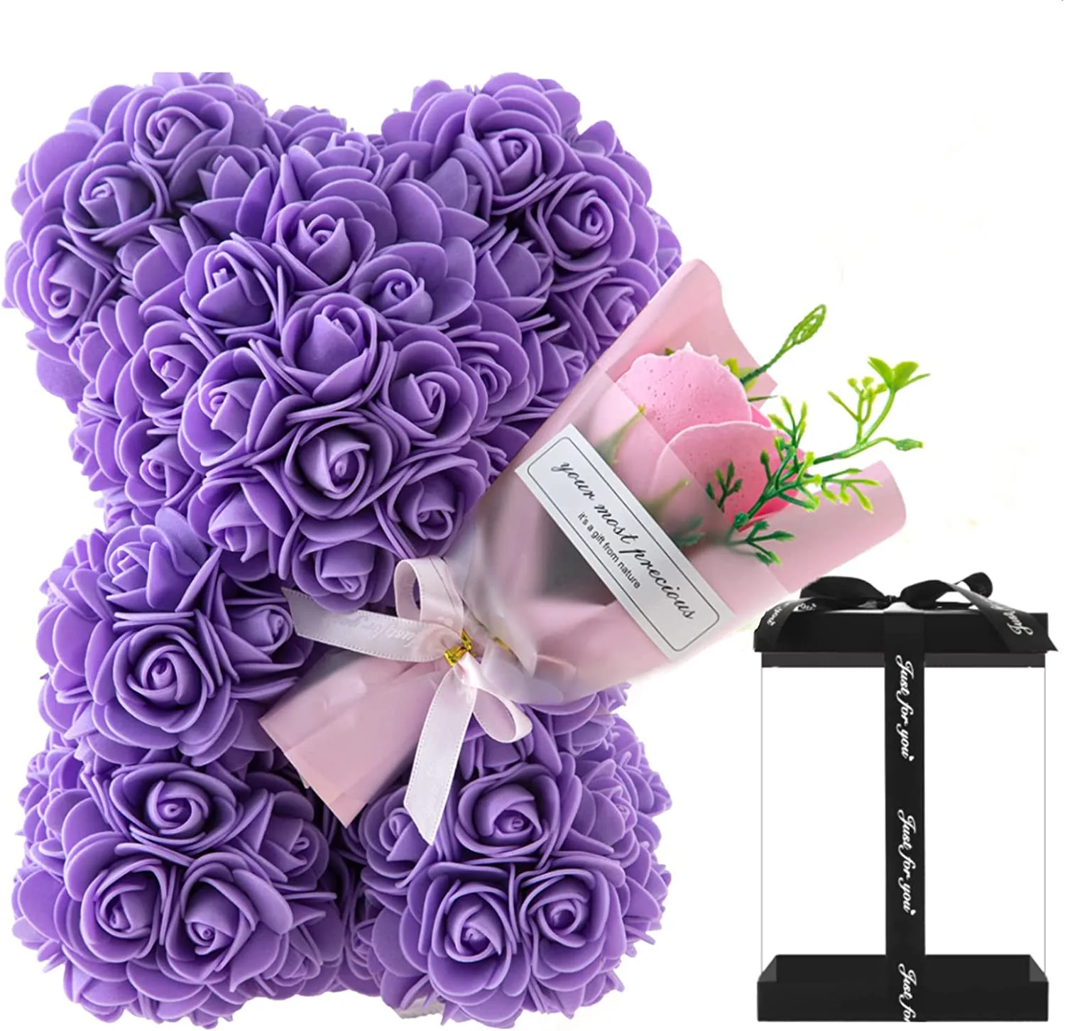 1 szt. 25 cm Miś z Róż z Bukietem Kwiatów – sztuczny miś z piankowych kwiatów, romantyczny i kreatywny prezent na Walentynki, rocznicę.