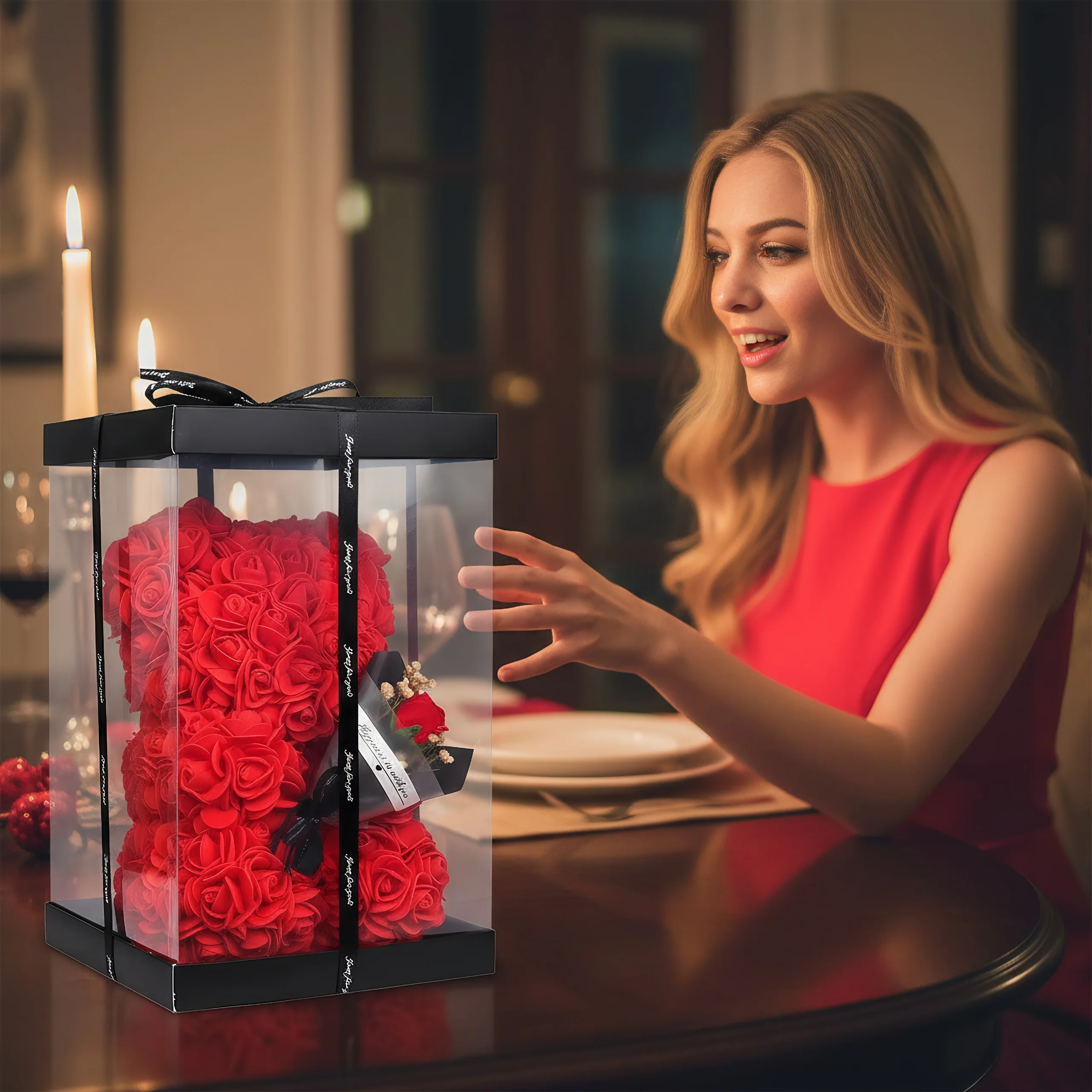 1 szt. 25 cm Miś z Róż z Bukietem Kwiatów – sztuczny miś z piankowych kwiatów, romantyczny i kreatywny prezent na Walentynki, rocznicę.