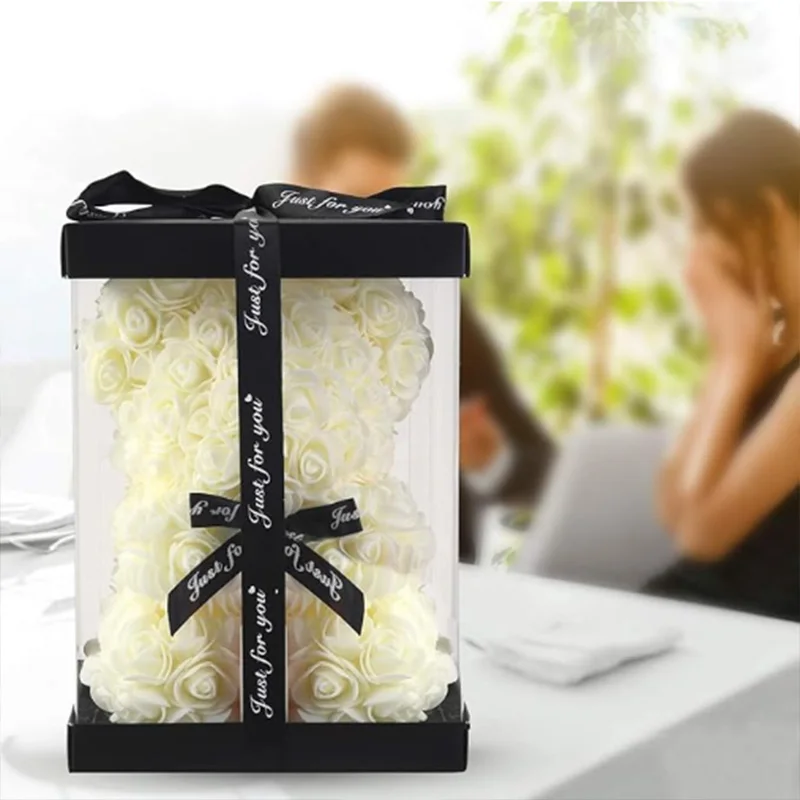 25 cm sztuczny miś z róż z pudełkiem, romantyczny prezent na Walentynki dla dziewczyny i kobiet, na rocznicę, ślub, dekoracja na przyjęcie.