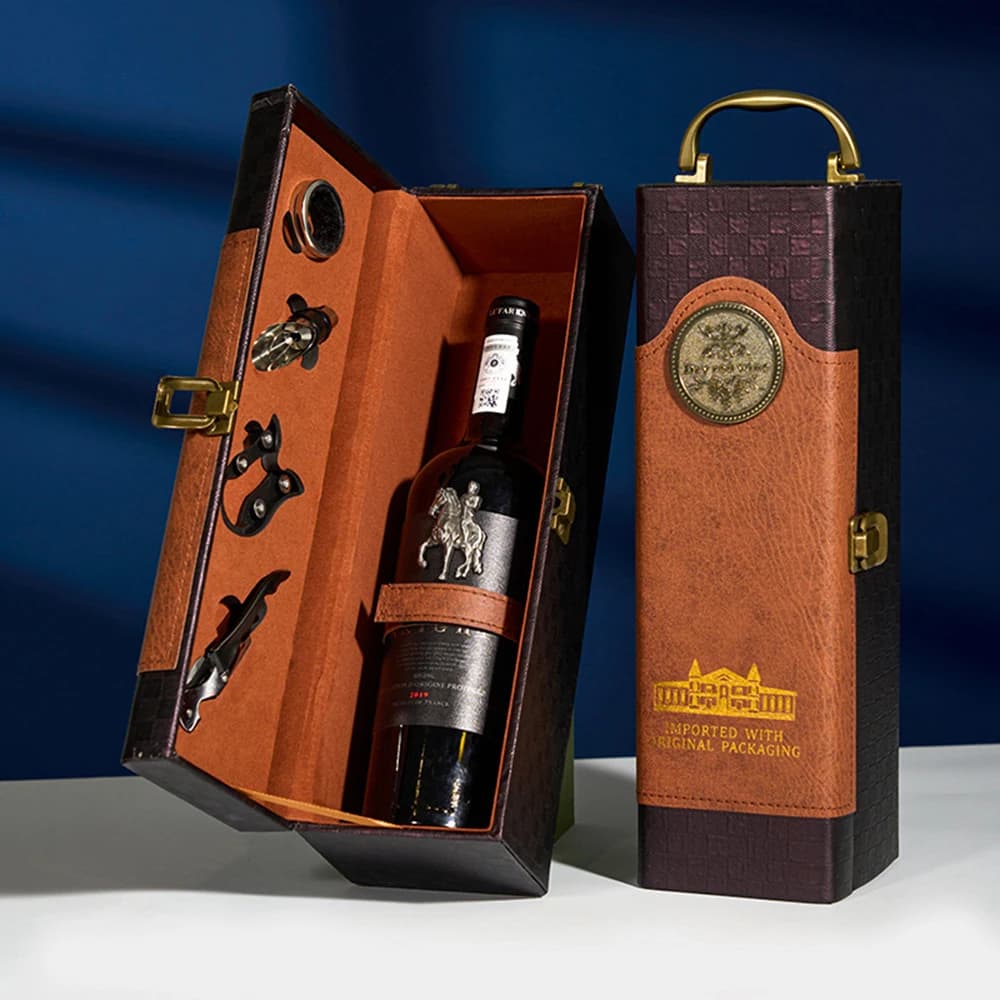 „Zestaw Prezentowy z Jedną Butelką Wina i Akcesoriami – Przenośne Etui z Uchwytem, Narzędzia do Wina, Idealny na Przyjęcia i Do Domu”