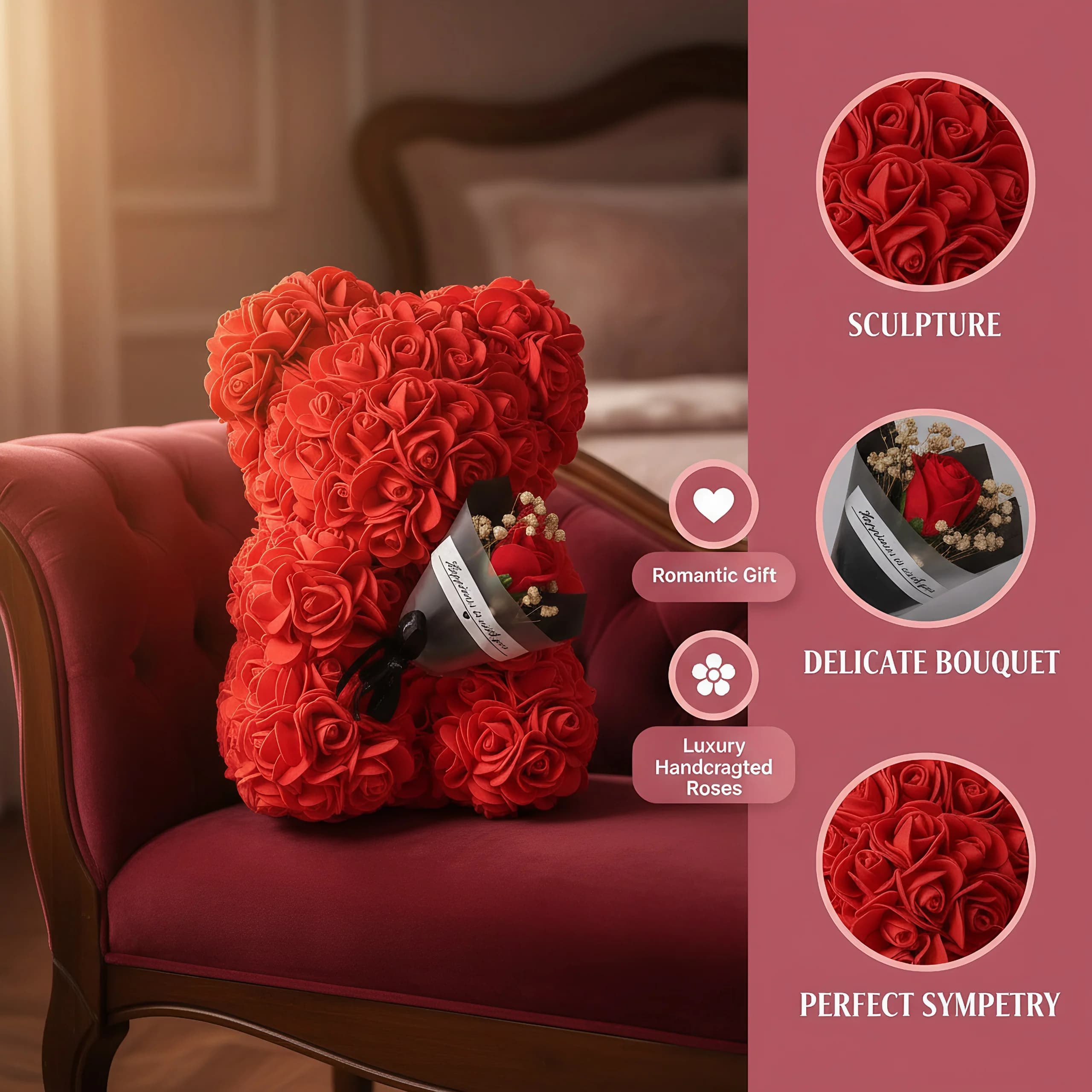 1 szt. 25 cm Miś z Róż z Bukietem Kwiatów – sztuczny miś z piankowych kwiatów, romantyczny i kreatywny prezent na Walentynki, rocznicę.