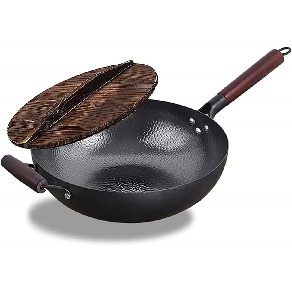 Wok z drewnianą pokrywką – patelnia wok z wysokowęglowej stali węglowej, bez powłoki chemicznej, do smażenia stir-fry, kompatybilna z kuchenkami indukcyjnymi, elektrycznymi i gazowymi