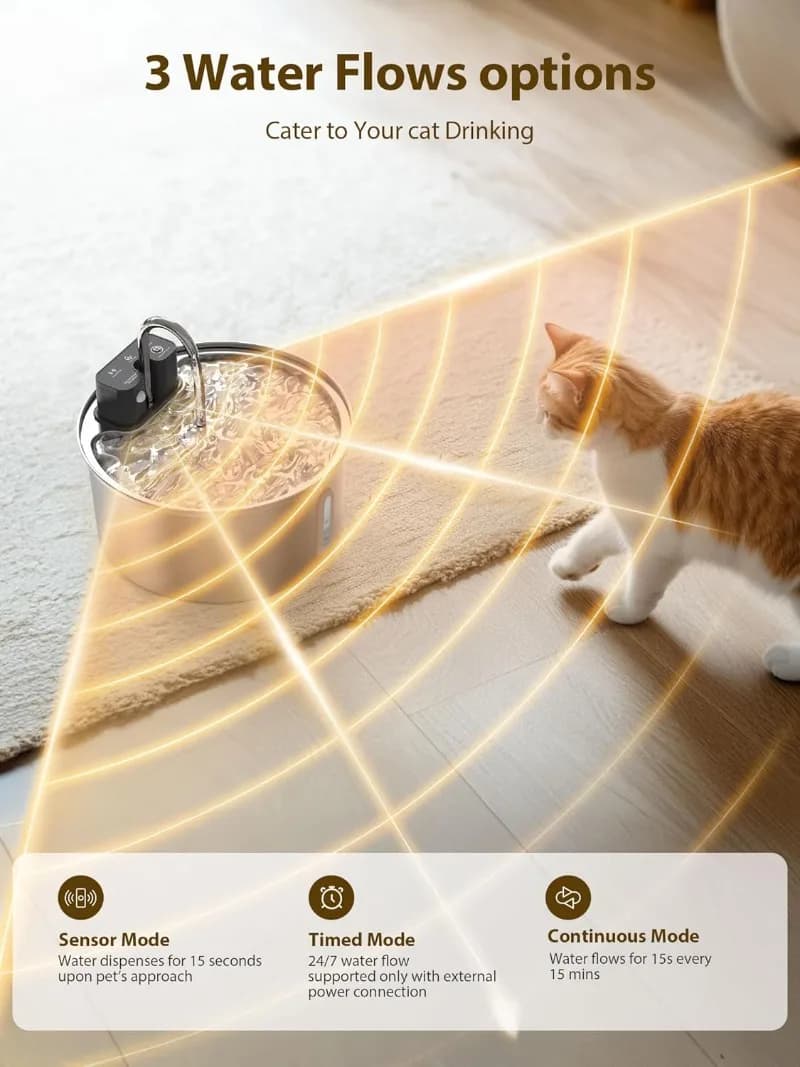 3.2L Wireless Stainless Steel Cat Water Fountain With 4000mAh Battery &amp; Sensor Automatic Filtration Pet Water Drinker Dispenser