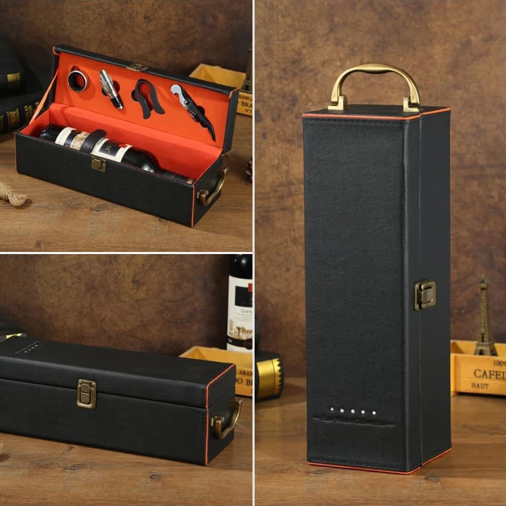„Zestaw Prezentowy z Jedną Butelką Wina i Akcesoriami – Przenośne Etui z Uchwytem, Narzędzia do Wina, Idealny na Przyjęcia i Do Domu”