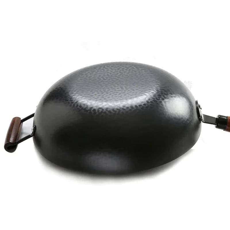 Wok z drewnianą pokrywką – patelnia wok z wysokowęglowej stali węglowej, bez powłoki chemicznej, do smażenia stir-fry, kompatybilna z kuchenkami indukcyjnymi, elektrycznymi i gazowymi