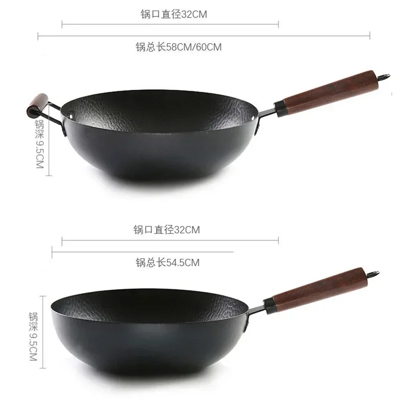 Wok z drewnianą pokrywką – patelnia wok z wysokowęglowej stali węglowej, bez powłoki chemicznej, do smażenia stir-fry, kompatybilna z kuchenkami indukcyjnymi, elektrycznymi i gazowymi