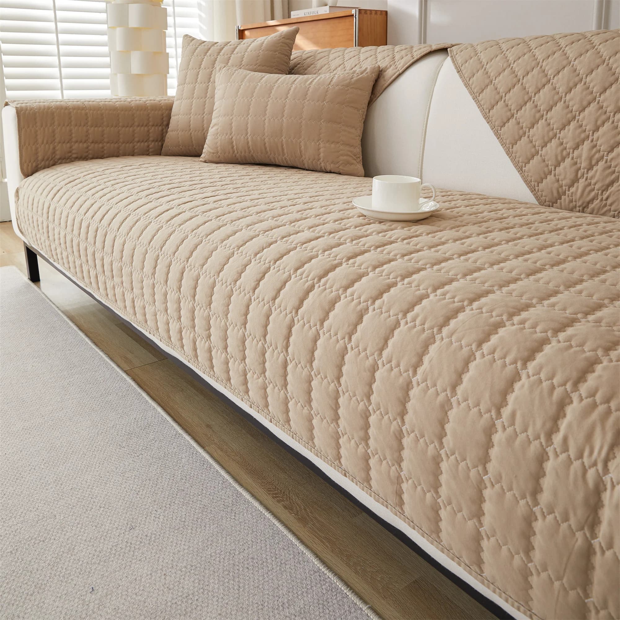 1pc Plain Simple Solid Quilted Anti-Slip Sofa Cover, Sofa Slipcover Furniture Protector For Bedroom Office Living Room Home Deco